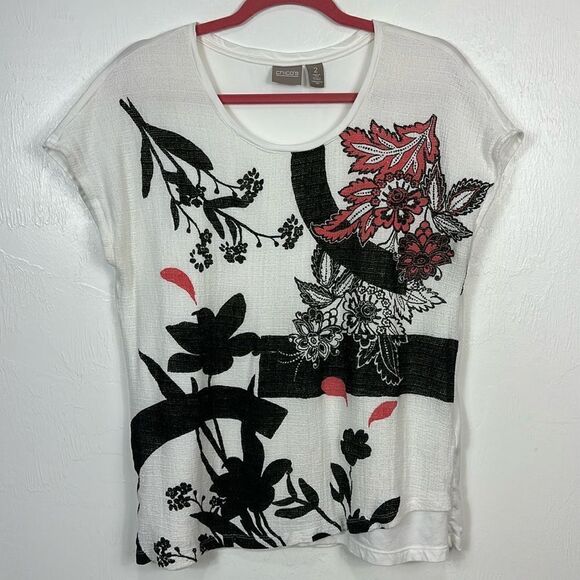 Chico’s White Knit Cotton Mesh Front Floral Short Sleeve Scoop Neck Size L - Picture 1 of 8